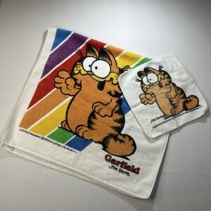 VTG 1978 Garfield Rainbow Bath Towel & Washcloth Set 24" x 42" Lot Cat Cartoon